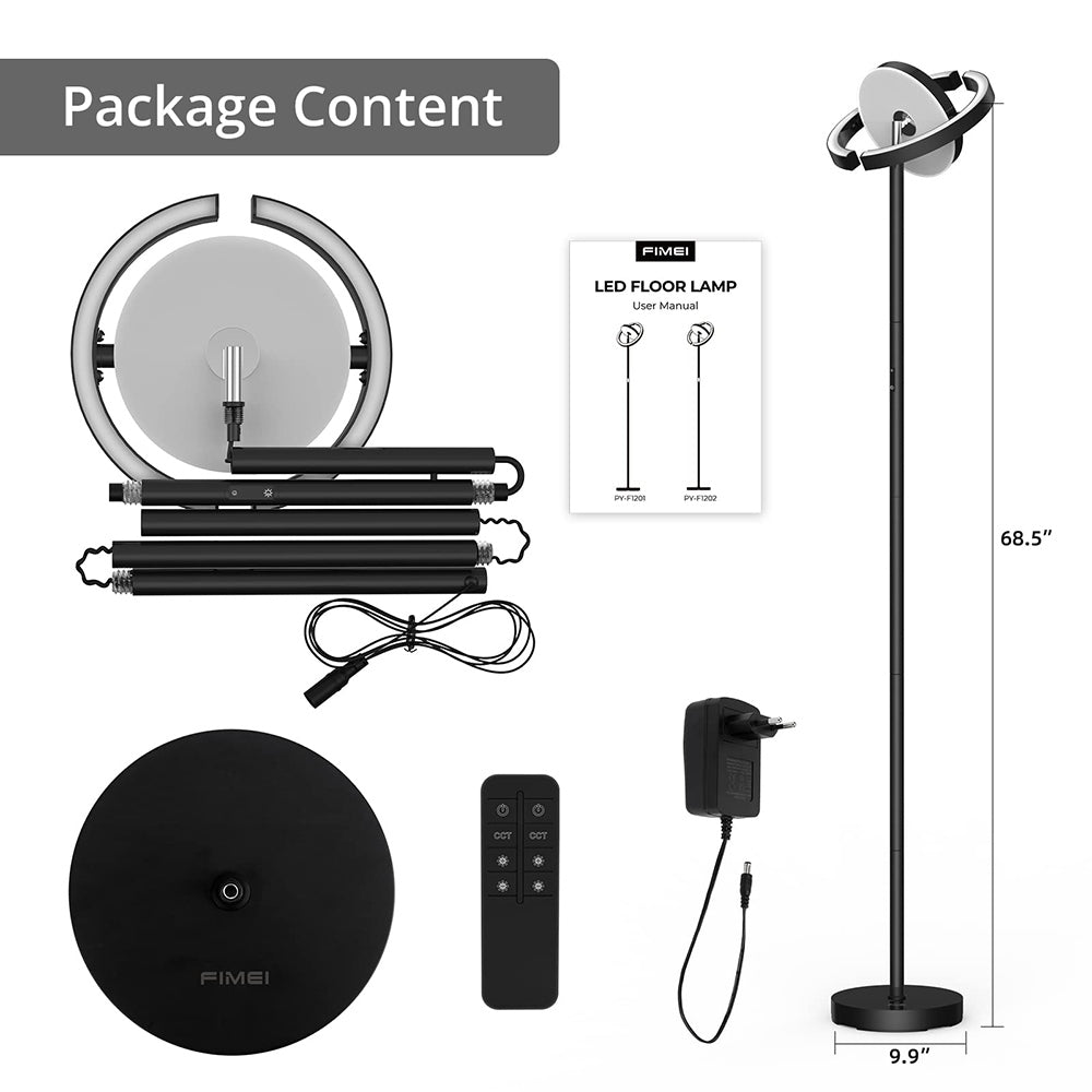 Lámpara de pie LED FIMEI PY-F1202, luz central hacia abajo, temperatura de color 3000K-6000K, atenuación continua, control remoto/táctil, para sala de estar - Negro