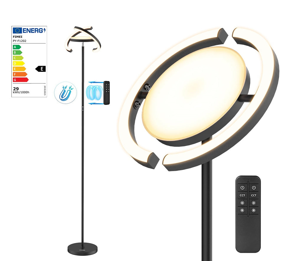 Lámpara de pie LED FIMEI PY-F1205, luz central hacia arriba, temperatura de color 3000K-6000K, atenuación continua, control remoto/táctil, para sala de estar - Negro
