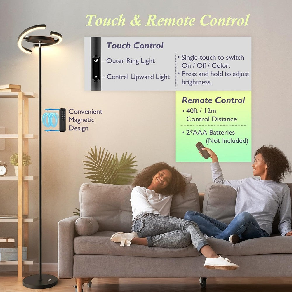 Lámpara de pie LED FIMEI PY-F1205, luz central hacia arriba, temperatura de color 3000K-6000K, atenuación continua, control remoto/táctil, para sala de estar - Negro