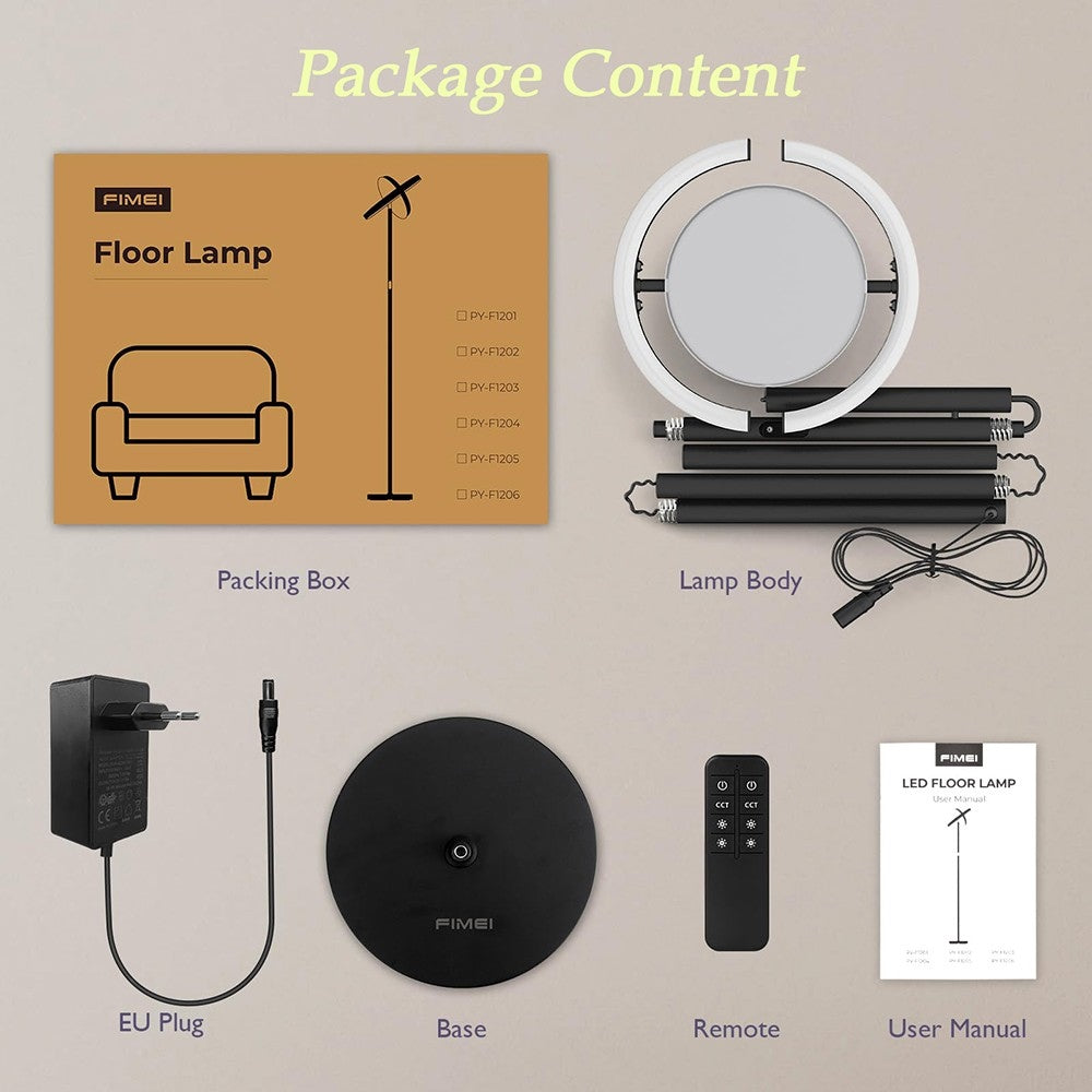 Lámpara de pie LED FIMEI PY-F1205, luz central hacia arriba, temperatura de color 3000K-6000K, atenuación continua, control remoto/táctil, para sala de estar - Negro