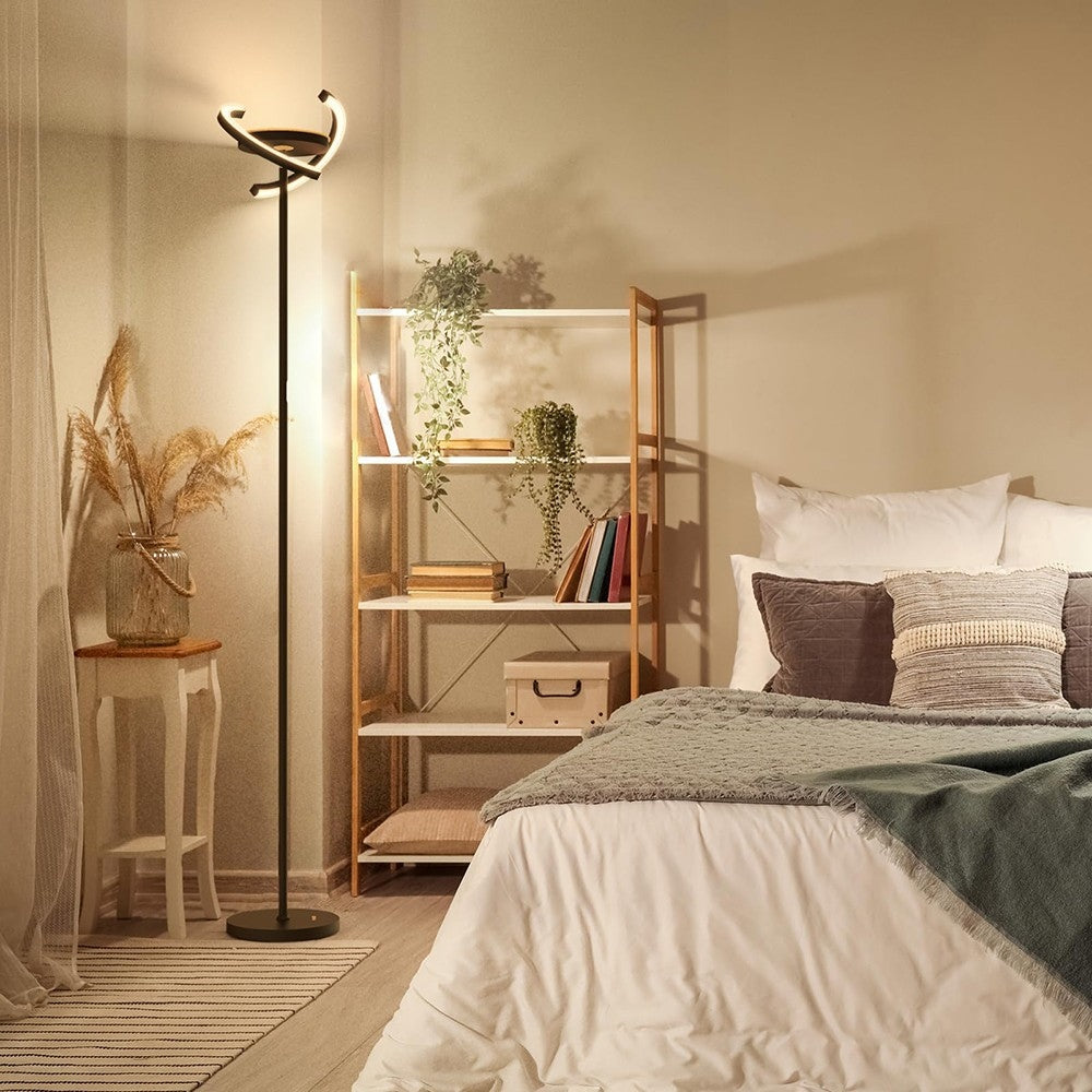 Lámpara de pie LED FIMEI PY-F1205, luz central hacia arriba, temperatura de color 3000K-6000K, atenuación continua, control remoto/táctil, para sala de estar - Negro