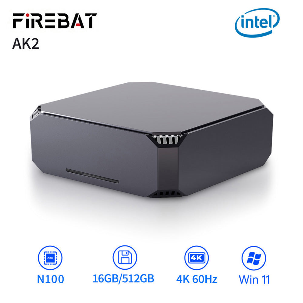 FIREBAT AK2 Plus Mini PC, Intel N100 4 Cores Max 3.4GHz, 16GB RAM 512GB SSD, 2*HDMI 2.0 4K 60Hz Dual Screen Display, WiFi 5 Bluetooth 4.2, 2*USB 3.2 2*USB 2.0 1*LAN 1*Audio, Cooling Fan - EU Plug