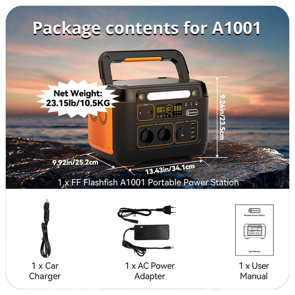 Flashfish A1001 1000W Portable Power Station, 1030Wh/278400mAh Solar Generator, Pure Sine Wave AC Ports, 7 Outputs, LED Lights - EU Plug