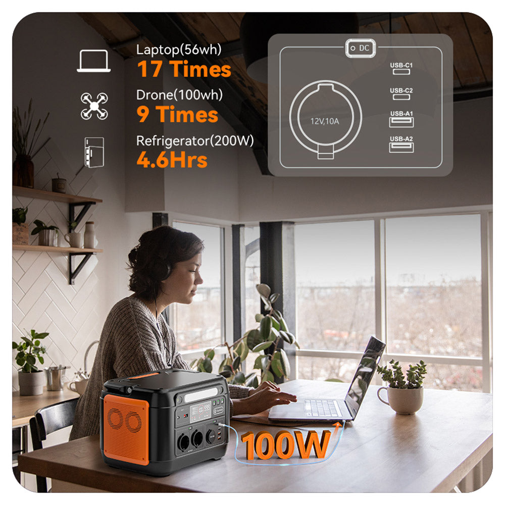 Flashfish A1001 1000W Portable Power Station, 1030Wh/278400mAh Solar Generator, Pure Sine Wave AC Ports, 7 Outputs, LED Lights - EU Plug