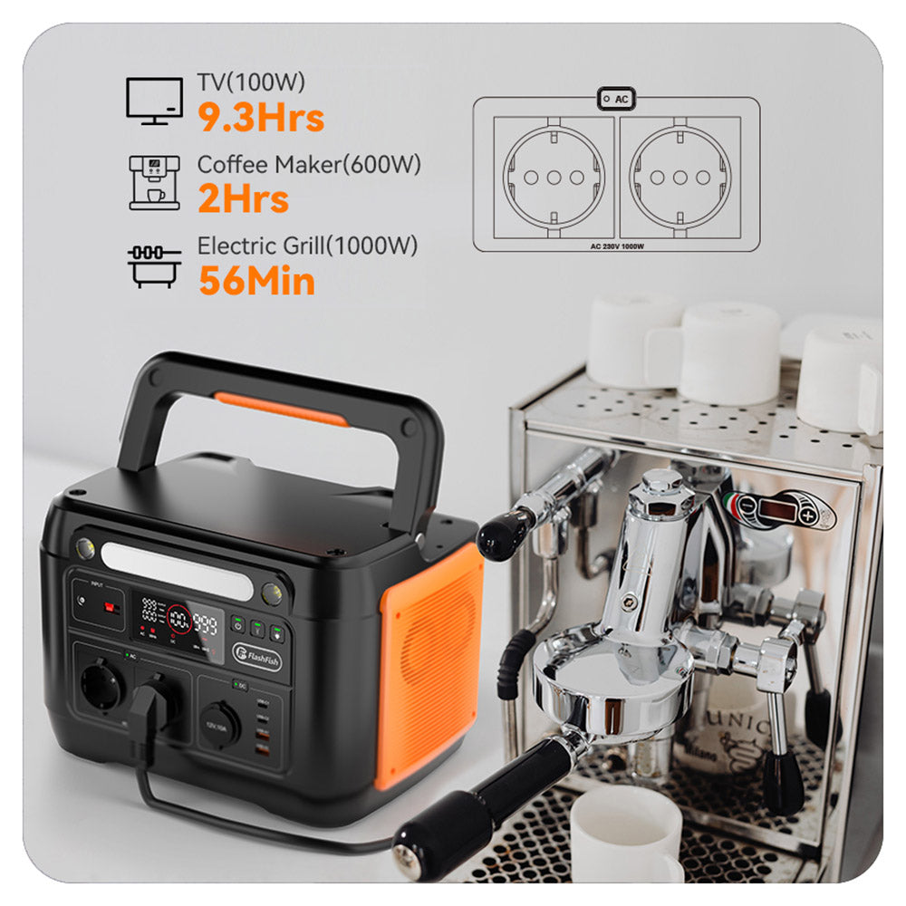 Flashfish A1001 1000W Portable Power Station, 1030Wh/278400mAh Solar Generator, Pure Sine Wave AC Ports, 7 Outputs, LED Lights - EU Plug