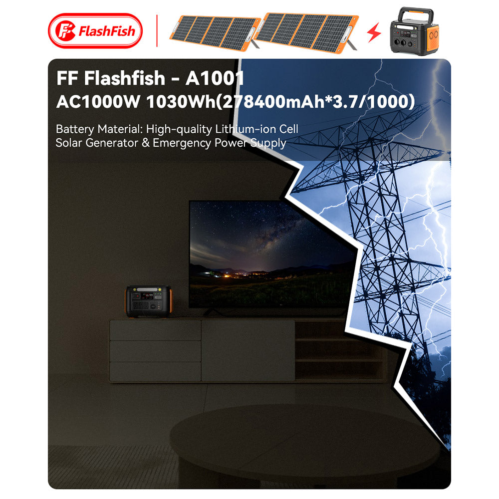 Flashfish A1001 1000W Portable Power Station, 1030Wh/278400mAh Solar Generator, Pure Sine Wave AC Ports, 7 Outputs, LED Lights - EU Plug