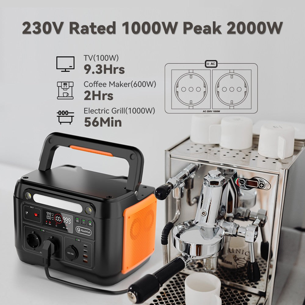 Flashfish A1001 1000W Portable Power Station, 1030Wh/278400mAh Solar Generator, Pure Sine Wave AC Ports, 7 Outputs, LED Lights - EU Plug