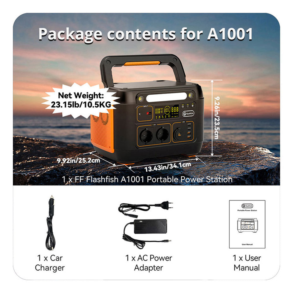 Flashfish A1001 1000W Portable Power Station, 1030Wh/278400mAh Solar Generator, Pure Sine Wave AC Ports, 7 Outputs, LED Lights - EU Plug