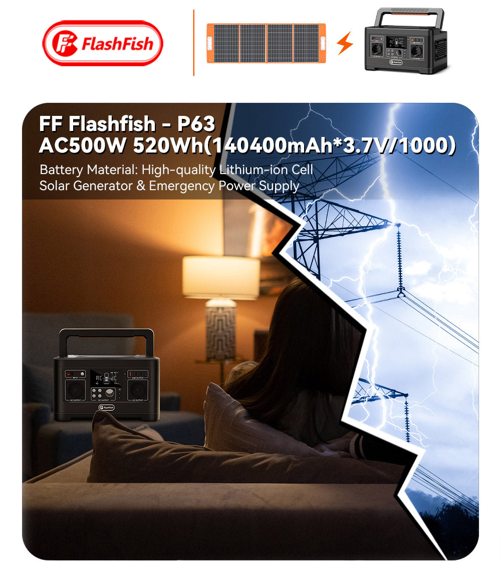 Flashfish P63 Portable Power Station, 520Wh/140400mAh Lithium Battery Solar Generator, 500W AC Output, 5xDC Ouputs, 4xUSB Outputs