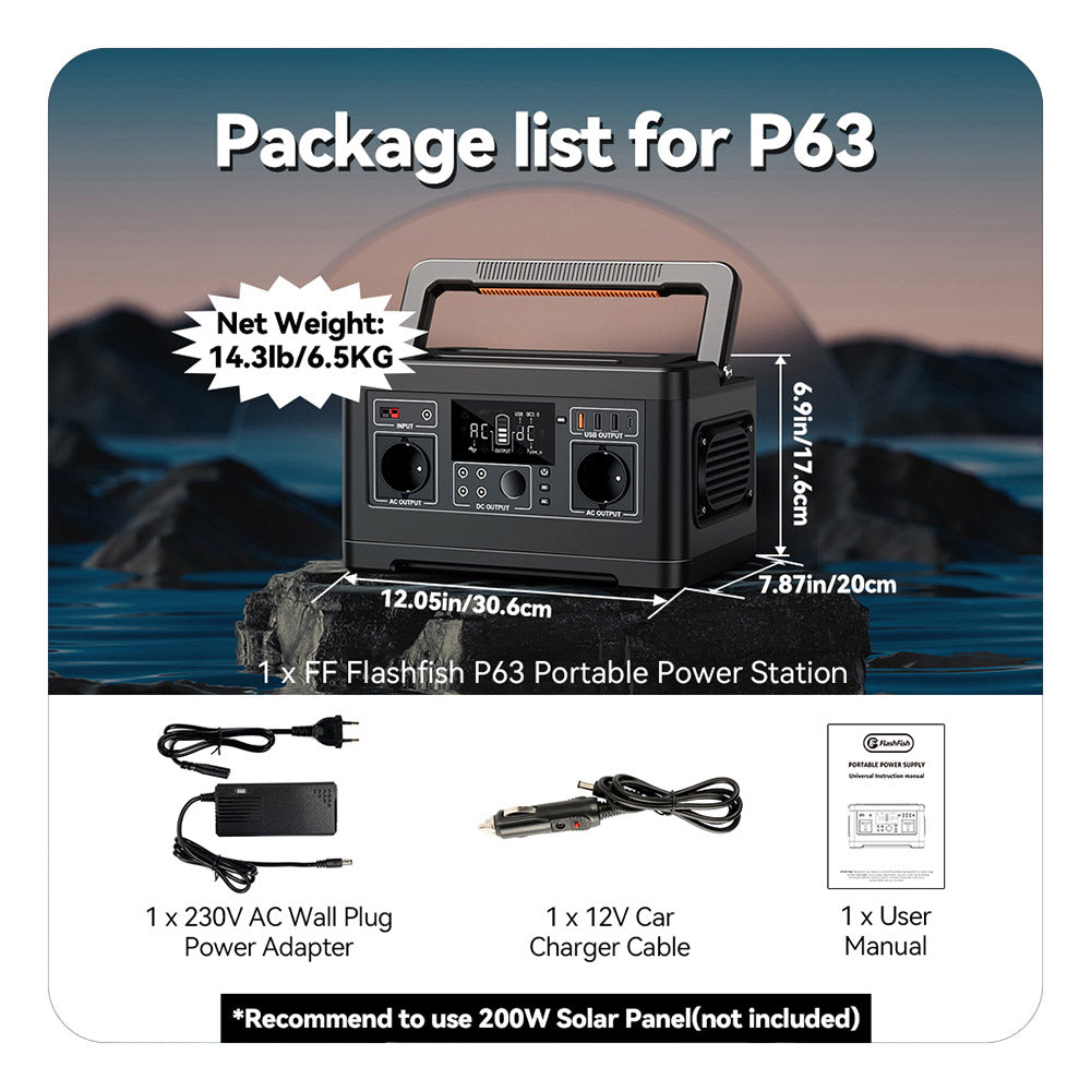Flashfish P63 Portable Power Station, 520Wh/140400mAh Lithium Battery Solar Generator, 500W AC Output, 5xDC Ouputs, 4xUSB Outputs