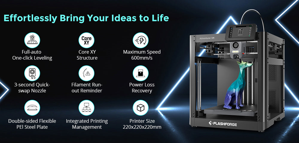 Flashforge Adventurer 5M 3D Printer, Auto Leveling, 600mm/s Max Sprinting Speed, Filament Runout Reminder, Power Loss Recovery, 4.3-inch LCD Touchscreen, WiFi Connection, 220x220x220mm