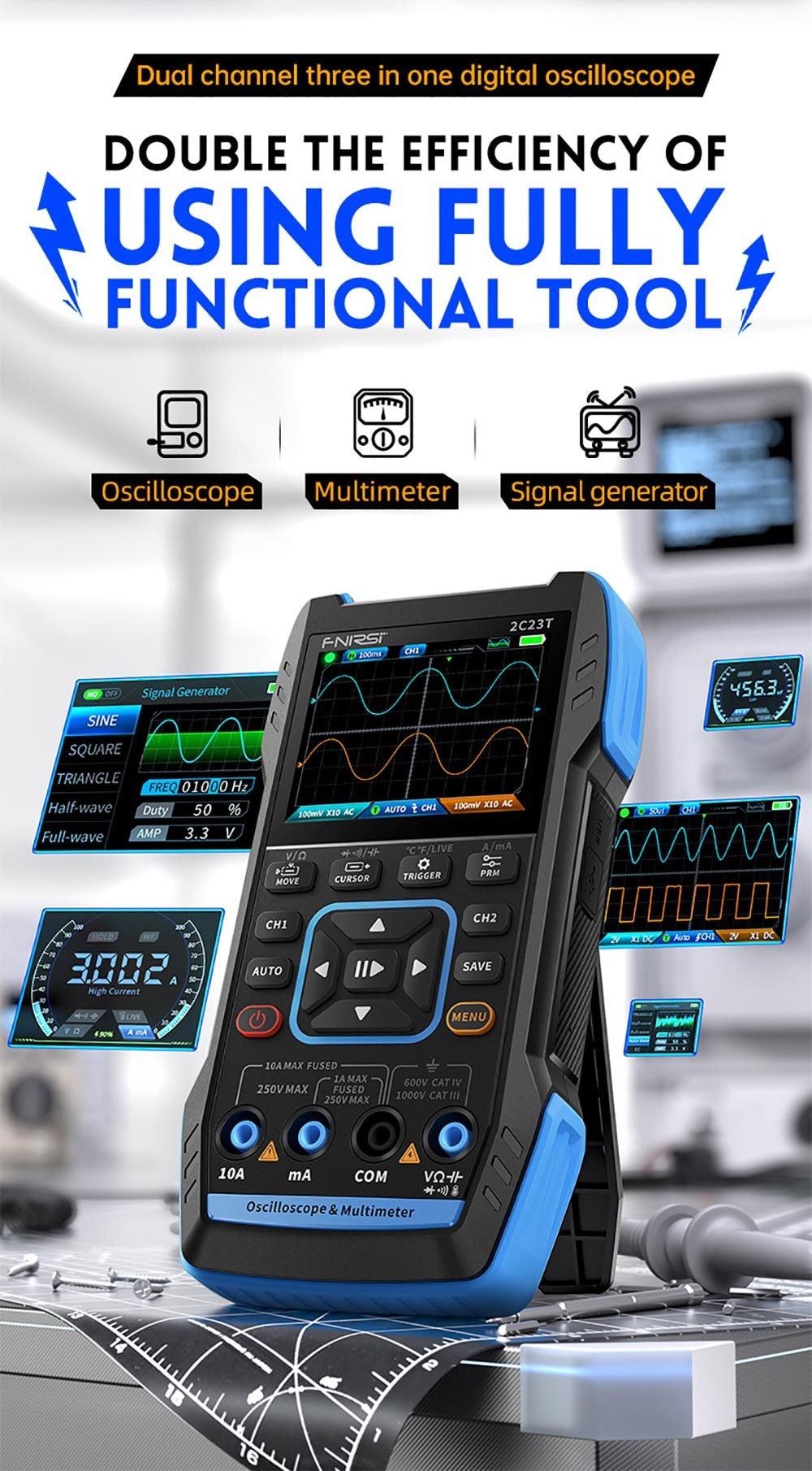 Osciloscopio digital multímetro generador de señales FNIRSI 2C23T 3 en 1, 2 canales, ancho de banda de 10 MHz, frecuencia de muestreo de 50 MSa/s, 9999 cuentas.