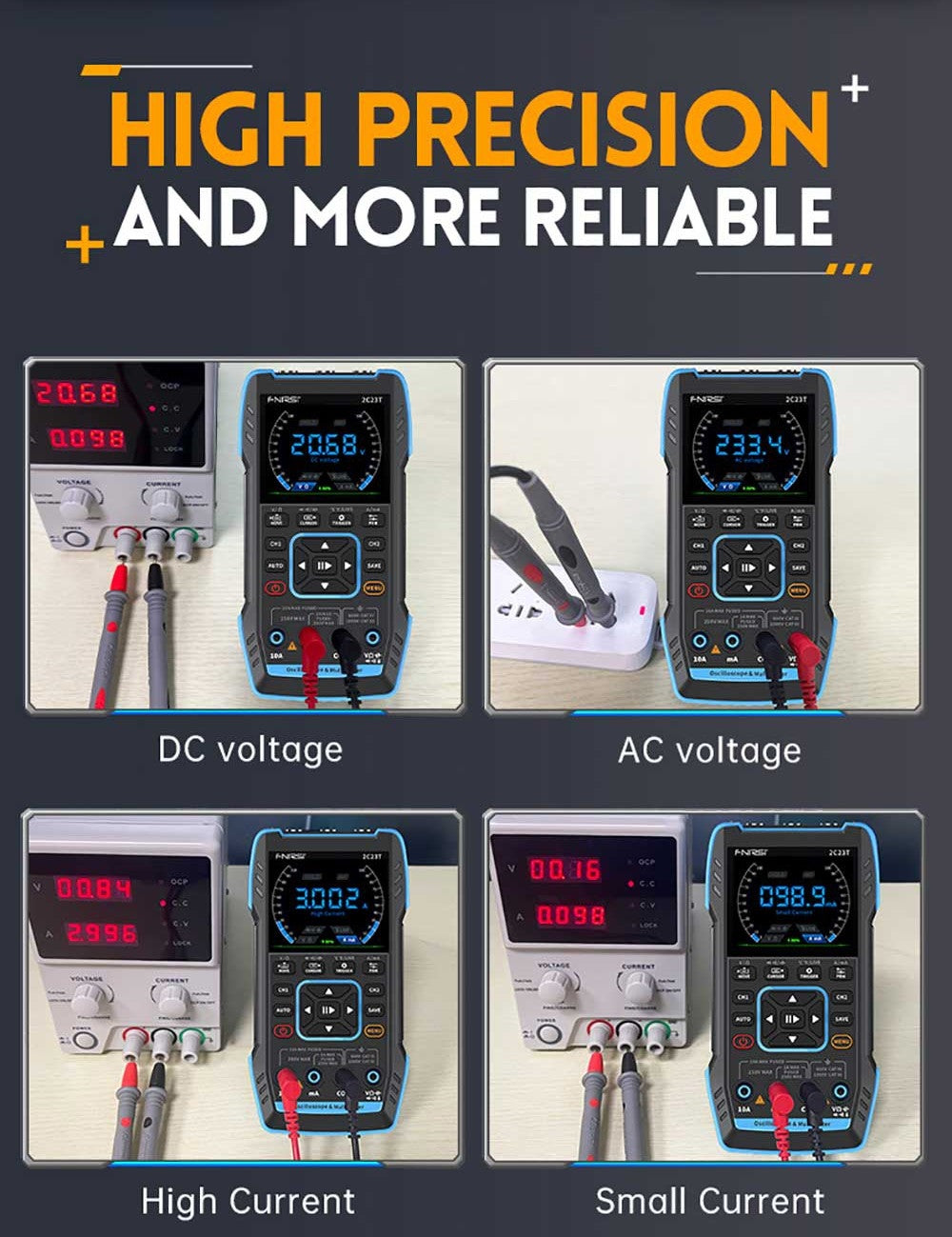 Osciloscopio digital multímetro generador de señales FNIRSI 2C23T 3 en 1, 2 canales, ancho de banda de 10 MHz, frecuencia de muestreo de 50 MSa/s, 9999 cuentas.