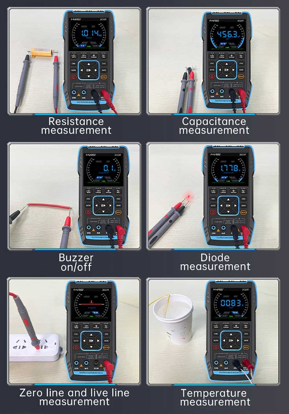 Osciloscopio digital multímetro generador de señales FNIRSI 2C23T 3 en 1, 2 canales, ancho de banda de 10 MHz, frecuencia de muestreo de 50 MSa/s, 9999 cuentas.