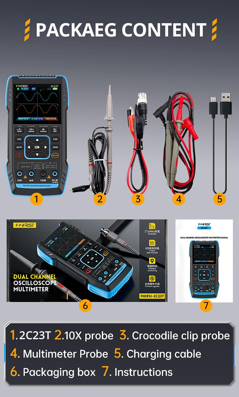 Osciloscopio digital multímetro generador de señales FNIRSI 2C23T 3 en 1, 2 canales, ancho de banda de 10 MHz, frecuencia de muestreo de 50 MSa/s, 9999 cuentas.