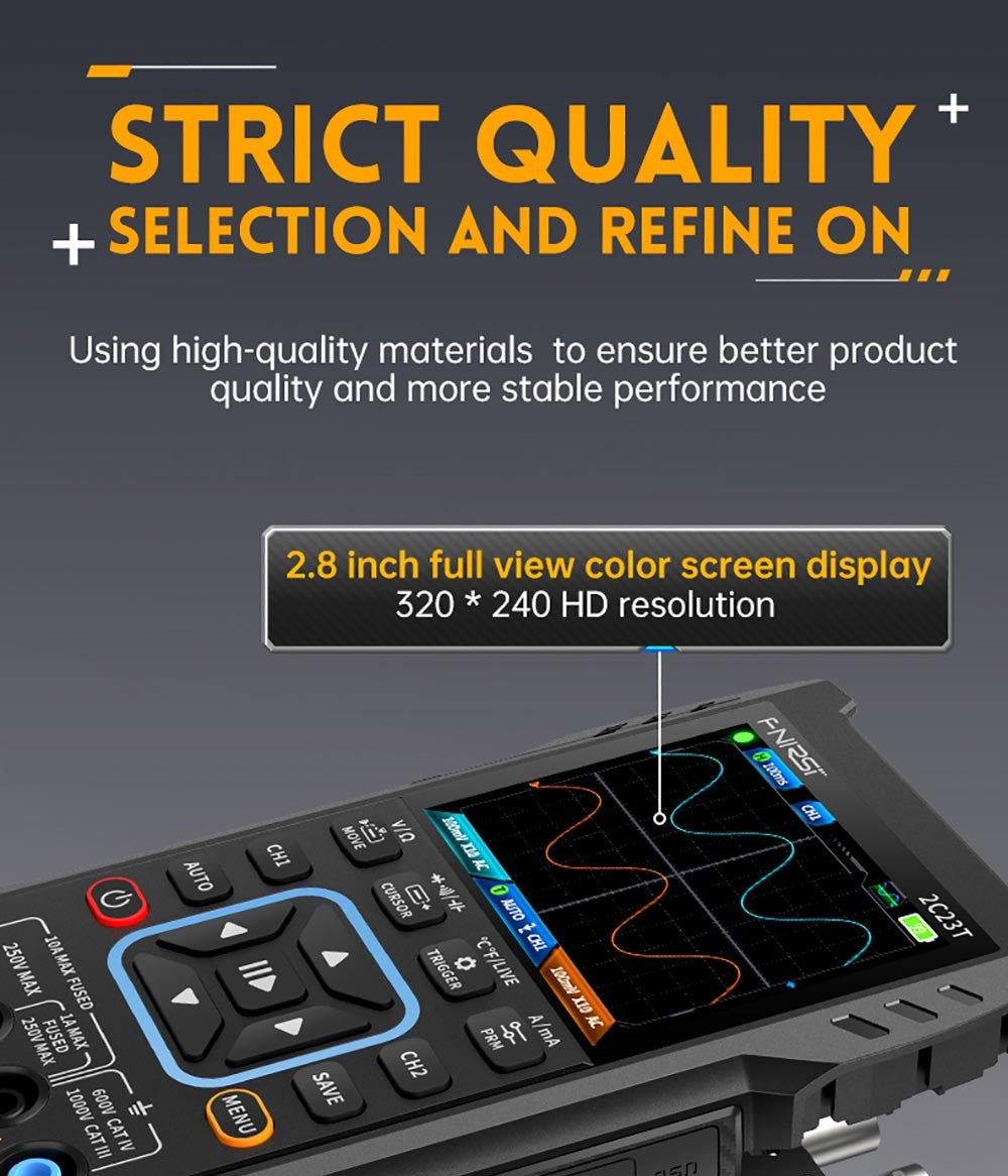 Osciloscopio digital multímetro generador de señales FNIRSI 2C23T 3 en 1, 2 canales, ancho de banda de 10 MHz, frecuencia de muestreo de 50 MSa/s, 9999 cuentas.