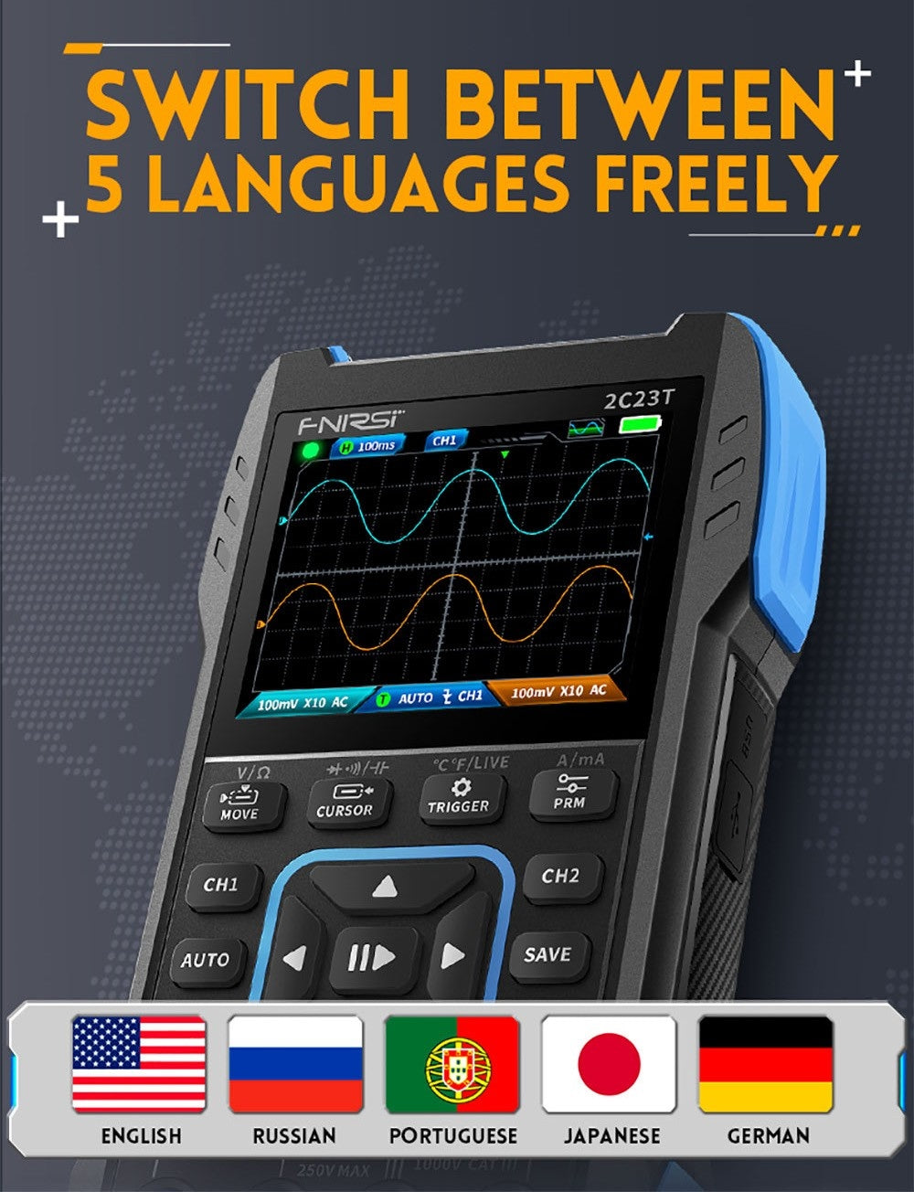 Osciloscopio digital multímetro generador de señales FNIRSI 2C23T 3 en 1, 2 canales, ancho de banda de 10 MHz, frecuencia de muestreo de 50 MSa/s, 9999 cuentas.