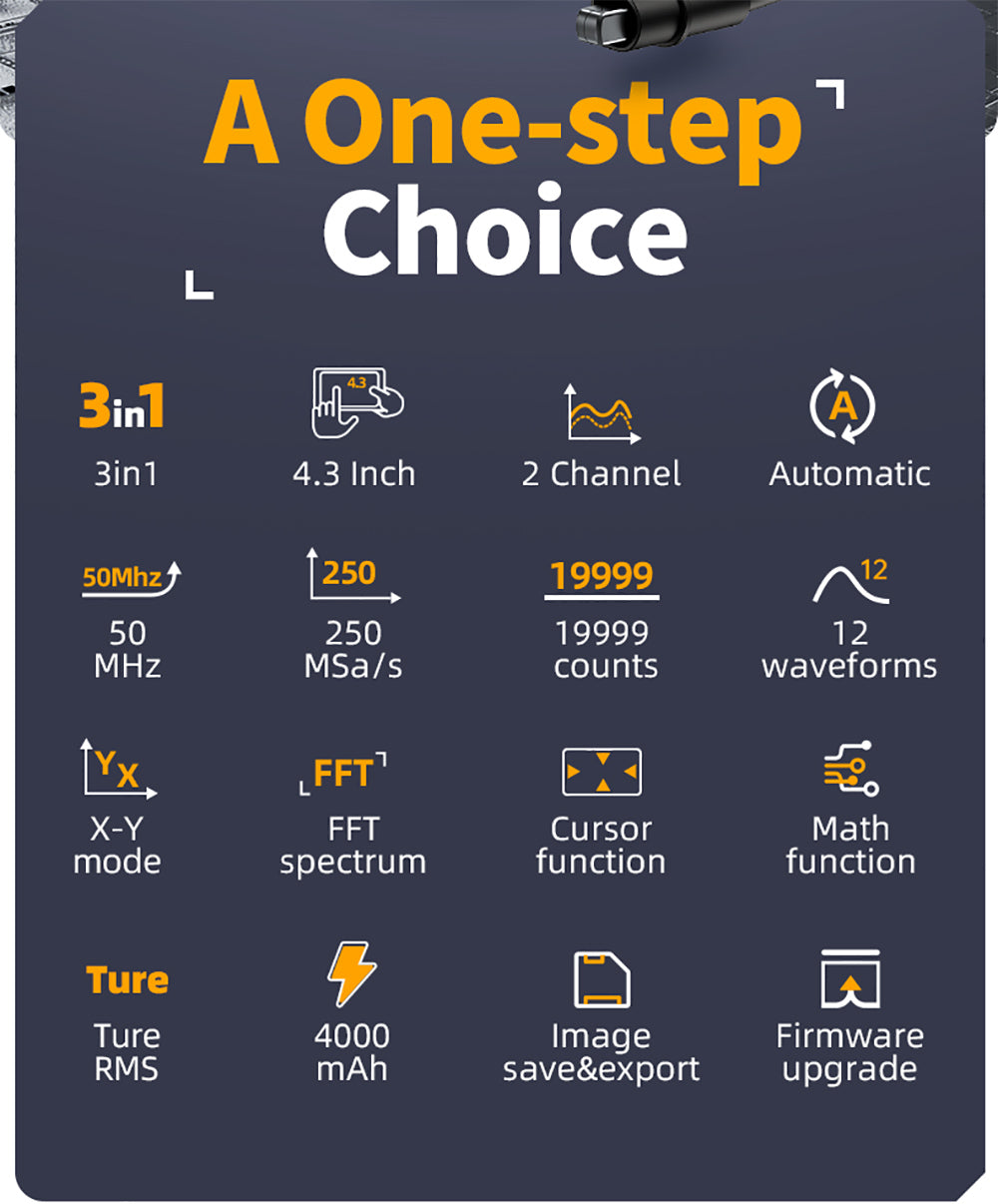 Osciloscopio digital portátil FNIRSI 2C53P, multímetro, generador de señales, pantalla táctil IPS de 4,3 pulgadas, 3 en 1, 2 canales, 50 MHz, 250 Ms/s, 19999 cuentas - Azul
