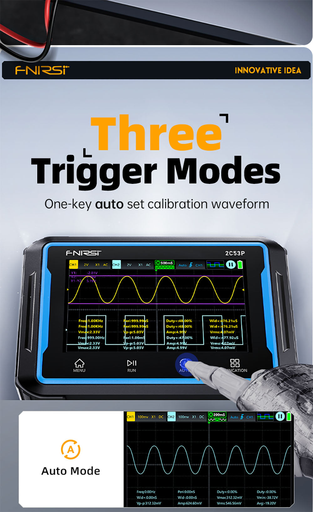 Osciloscopio digital portátil FNIRSI 2C53P, multímetro, generador de señales, pantalla táctil IPS de 4,3 pulgadas, 3 en 1, 2 canales, 50 MHz, 250 Ms/s, 19999 cuentas - Azul