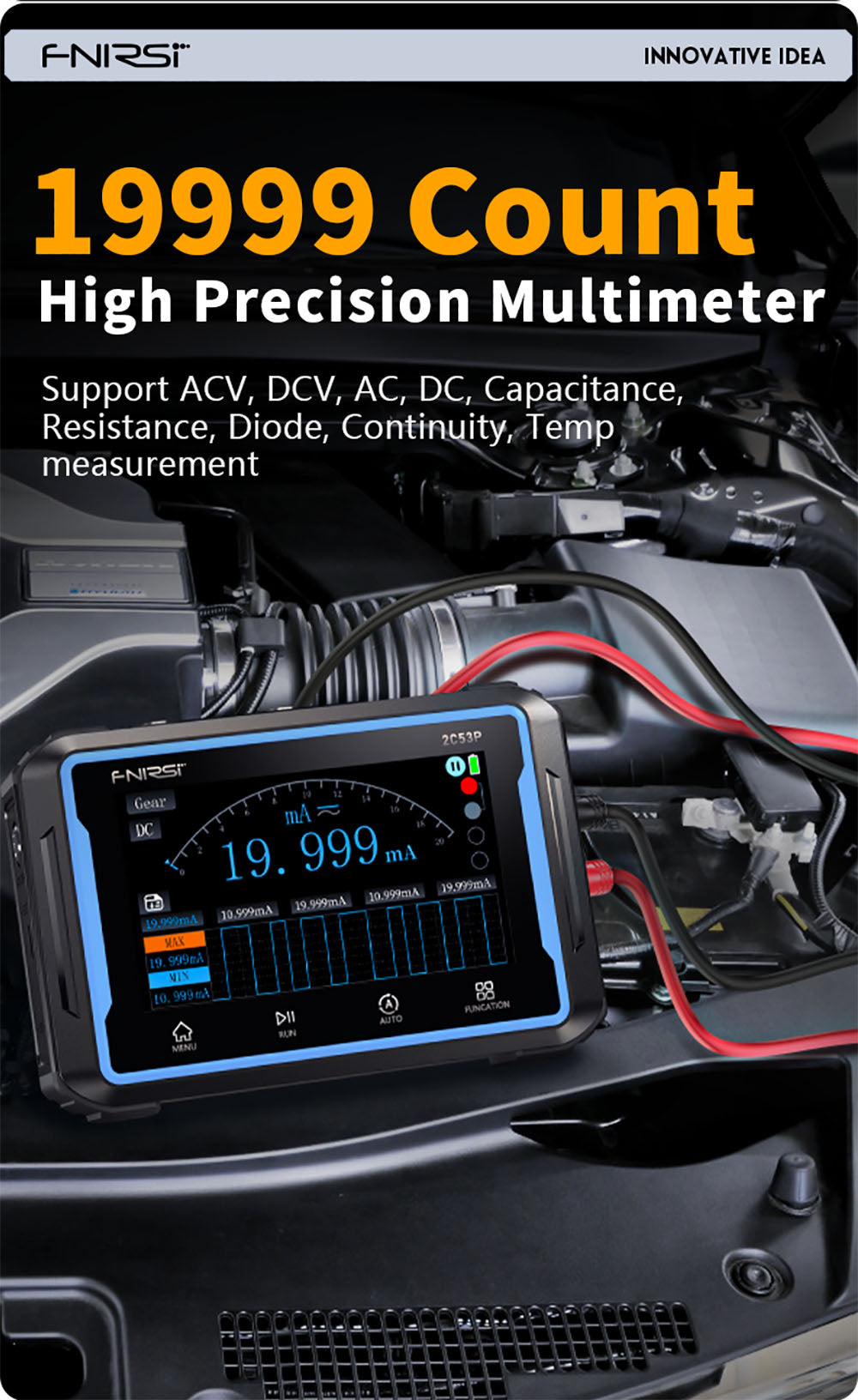 Osciloscopio digital portátil FNIRSI 2C53P, multímetro, generador de señales, pantalla táctil IPS de 4,3 pulgadas, 3 en 1, 2 canales, 50 MHz, 250 Ms/s, 19999 cuentas - Azul