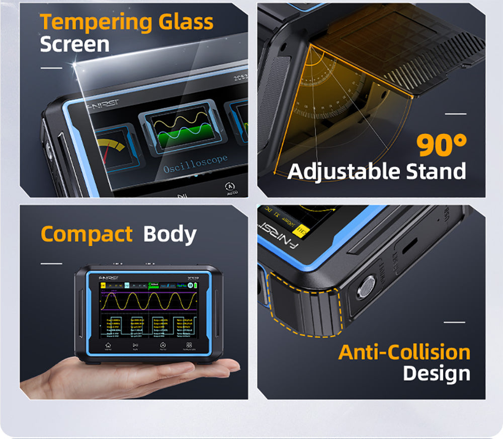 Osciloscopio digital portátil FNIRSI 2C53P, multímetro, generador de señales, pantalla táctil IPS de 4,3 pulgadas, 3 en 1, 2 canales, 50 MHz, 250 Ms/s, 19999 cuentas - Azul