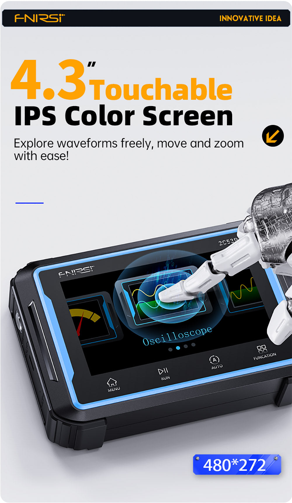 Osciloscopio digital portátil FNIRSI 2C53P, multímetro, generador de señales, pantalla táctil IPS de 4,3 pulgadas, 3 en 1, 2 canales, 50 MHz, 250 Ms/s, 19999 cuentas - Azul