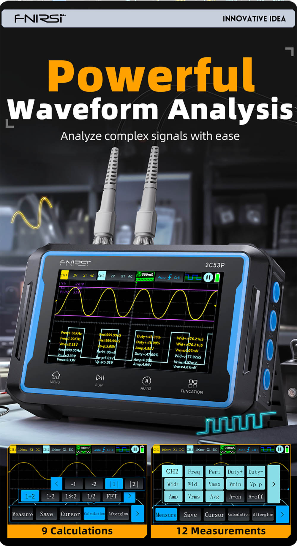 Osciloscopio digital portátil FNIRSI 2C53P, multímetro, generador de señales, pantalla táctil IPS de 4,3 pulgadas, 3 en 1, 2 canales, 50 MHz, 250 Ms/s, 19999 cuentas - Azul