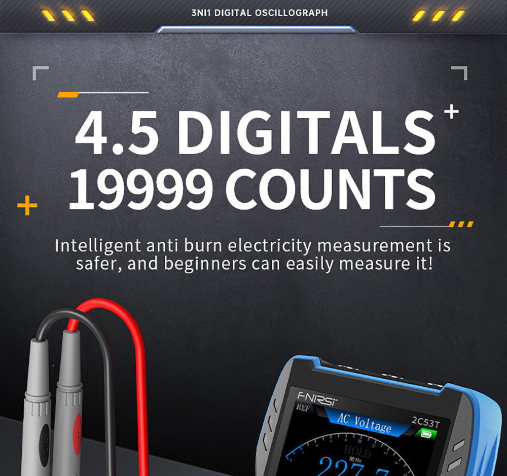 Osciloscopio Multímetro FNIRSI 2C53T 3 en 1, Generador de Señales, Doble Canal, Ancho de Banda de 50 MHz, Frecuencia de Muestreo de 250 MS/s, 19999 Cuentas, Prueba de Voltaje, Corriente, Condensador, Resistencia, Diodo - Versión Estándar