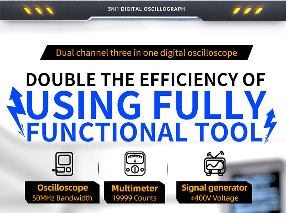 Osciloscopio Multímetro FNIRSI 2C53T 3 en 1, Generador de Señales, Doble Canal, Ancho de Banda de 50 MHz, Frecuencia de Muestreo de 250 MS/s, 19999 Cuentas, Prueba de Voltaje, Corriente, Condensador, Resistencia, Diodo - Versión Estándar