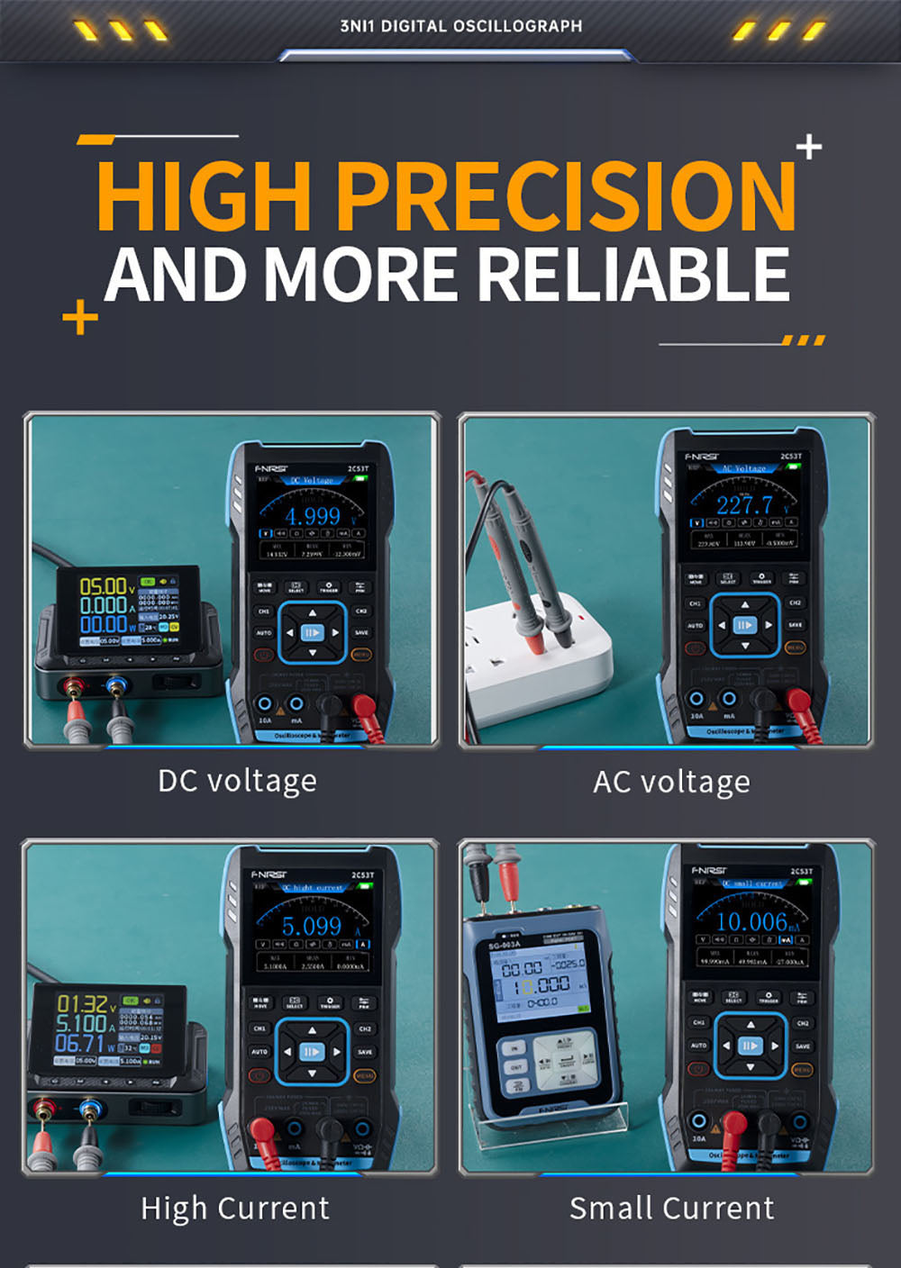 Osciloscopio Multímetro FNIRSI 2C53T 3 en 1, Generador de Señales, Doble Canal, Ancho de Banda de 50 MHz, Frecuencia de Muestreo de 250 MS/s, 19999 Cuentas, Prueba de Voltaje, Corriente, Condensador, Resistencia, Diodo - Versión Estándar