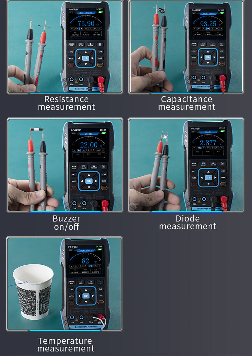 Osciloscopio Multímetro FNIRSI 2C53T 3 en 1, Generador de Señales, Doble Canal, Ancho de Banda de 50 MHz, Frecuencia de Muestreo de 250 MS/s, 19999 Cuentas, Prueba de Voltaje, Corriente, Condensador, Resistencia, Diodo - Versión Estándar