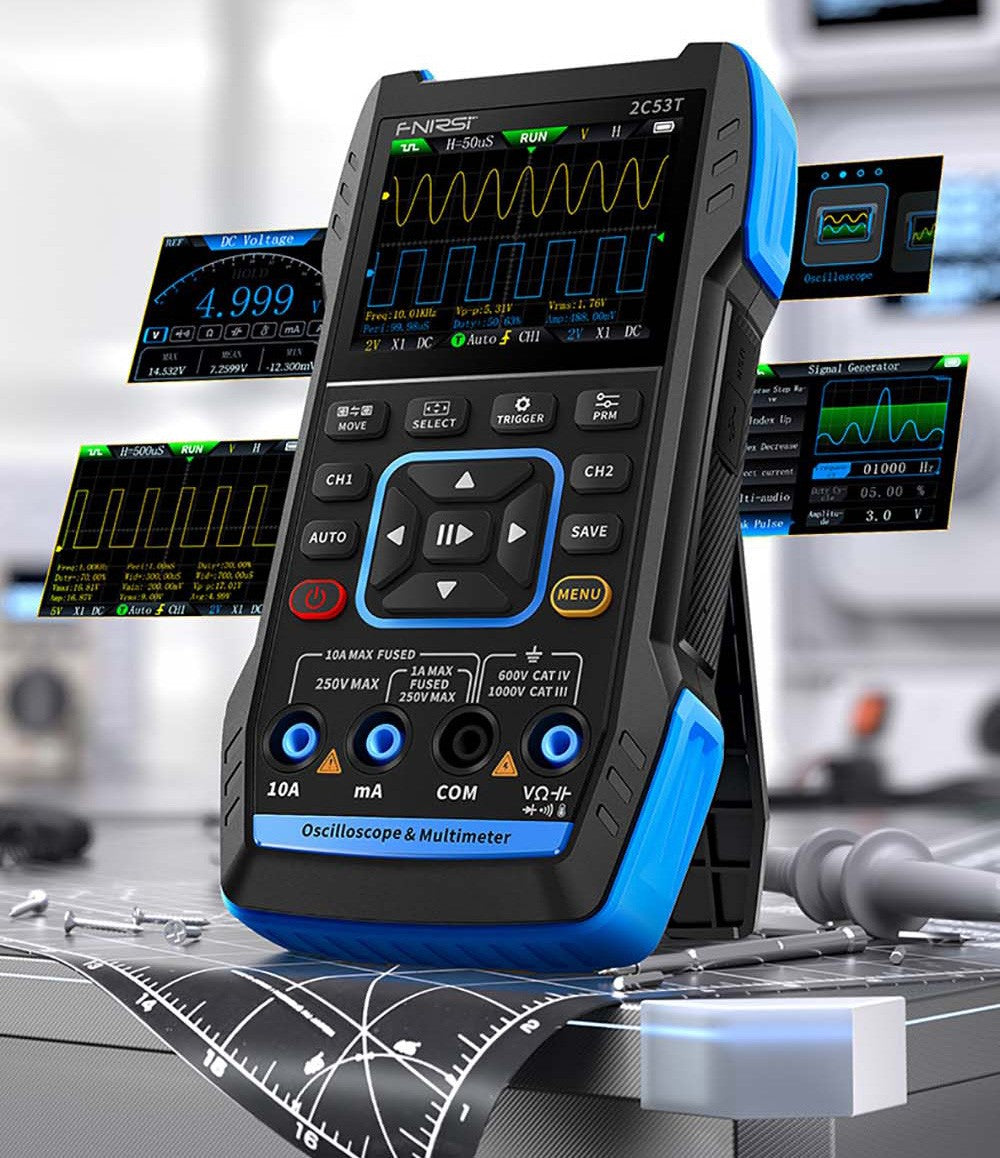 Osciloscopio Multímetro FNIRSI 2C53T 3 en 1, Generador de Señales, Doble Canal, Ancho de Banda de 50 MHz, Frecuencia de Muestreo de 250 MS/s, 19999 Cuentas, Prueba de Voltaje, Corriente, Condensador, Resistencia, Diodo - Versión Estándar