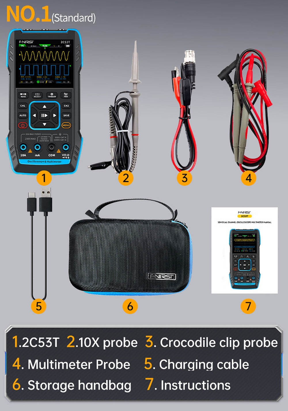 Osciloscopio Multímetro FNIRSI 2C53T 3 en 1, Generador de Señales, Doble Canal, Ancho de Banda de 50 MHz, Frecuencia de Muestreo de 250 MS/s, 19999 Cuentas, Prueba de Voltaje, Corriente, Condensador, Resistencia, Diodo - Versión Estándar