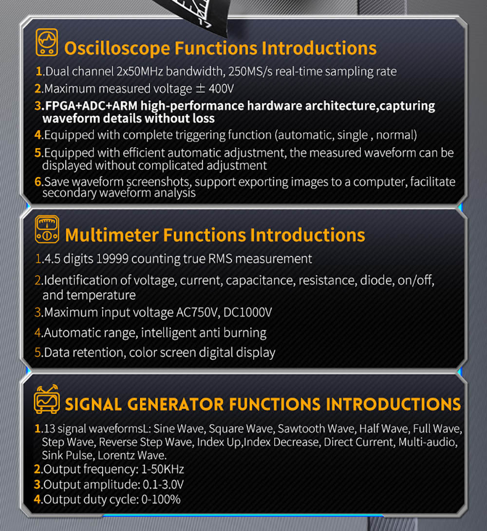 Osciloscopio Multímetro FNIRSI 2C53T 3 en 1, Generador de Señales, Doble Canal, Ancho de Banda de 50 MHz, Frecuencia de Muestreo de 250 MS/s, 19999 Cuentas, Prueba de Voltaje, Corriente, Condensador, Resistencia, Diodo - Versión Estándar