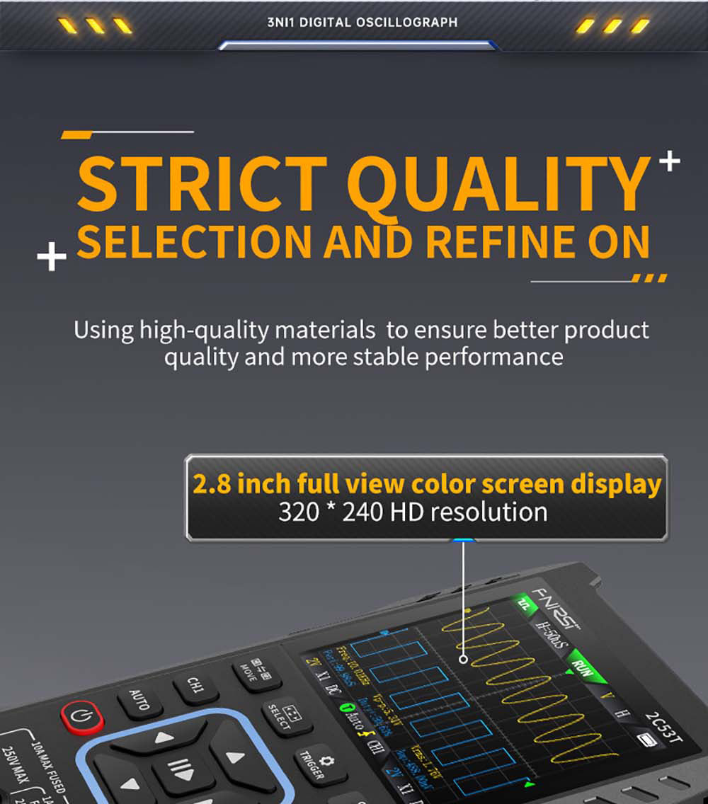 Osciloscopio Multímetro FNIRSI 2C53T 3 en 1, Generador de Señales, Doble Canal, Ancho de Banda de 50 MHz, Frecuencia de Muestreo de 250 MS/s, 19999 Cuentas, Prueba de Voltaje, Corriente, Condensador, Resistencia, Diodo - Versión Estándar