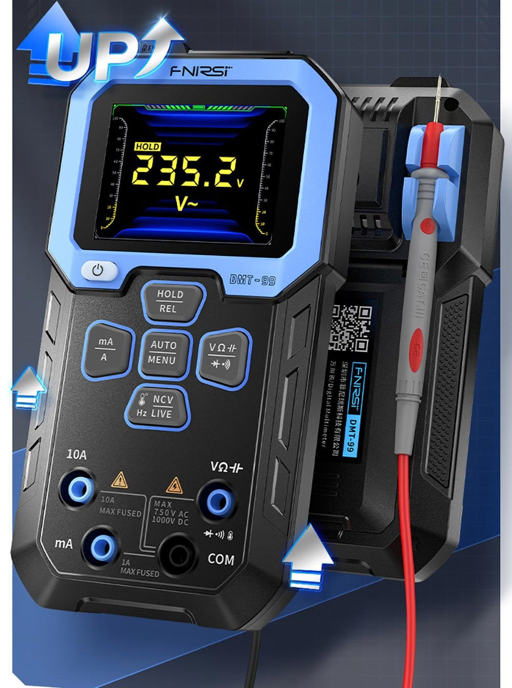 Multímetro digital de mano FNIRSI DMT-99, 10000 cuentas, 1000 V 10 A RMS verdadero, rango automático, probador de voltaje CA/CC, medidas NCV, batería recargable de 1500 mAh.