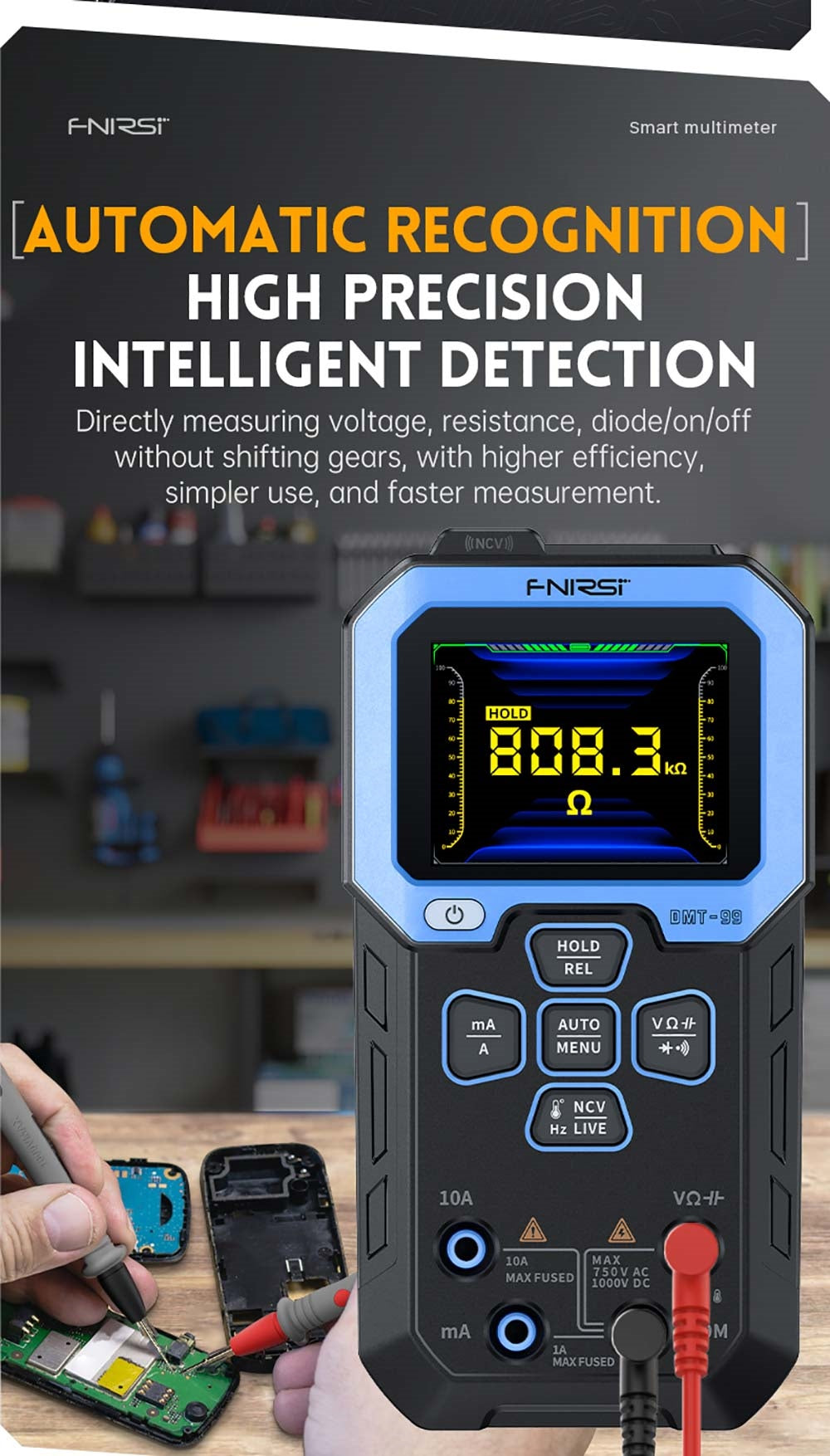 Multímetro digital de mano FNIRSI DMT-99, 10000 cuentas, 1000 V 10 A RMS verdadero, rango automático, probador de voltaje CA/CC, medidas NCV, batería recargable de 1500 mAh.