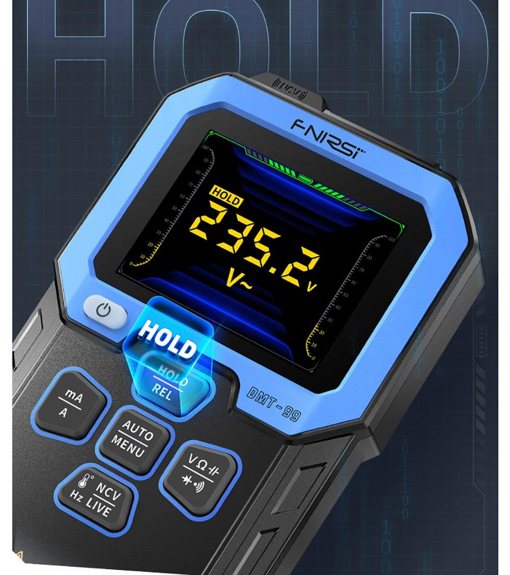 Multímetro digital de mano FNIRSI DMT-99, 10000 cuentas, 1000 V 10 A RMS verdadero, rango automático, probador de voltaje CA/CC, medidas NCV, batería recargable de 1500 mAh.