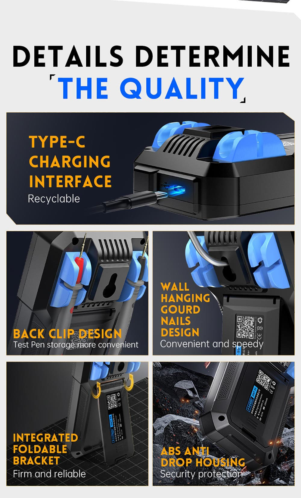 Multímetro digital de mano FNIRSI DMT-99, 10000 cuentas, 1000 V 10 A RMS verdadero, rango automático, probador de voltaje CA/CC, medidas NCV, batería recargable de 1500 mAh.