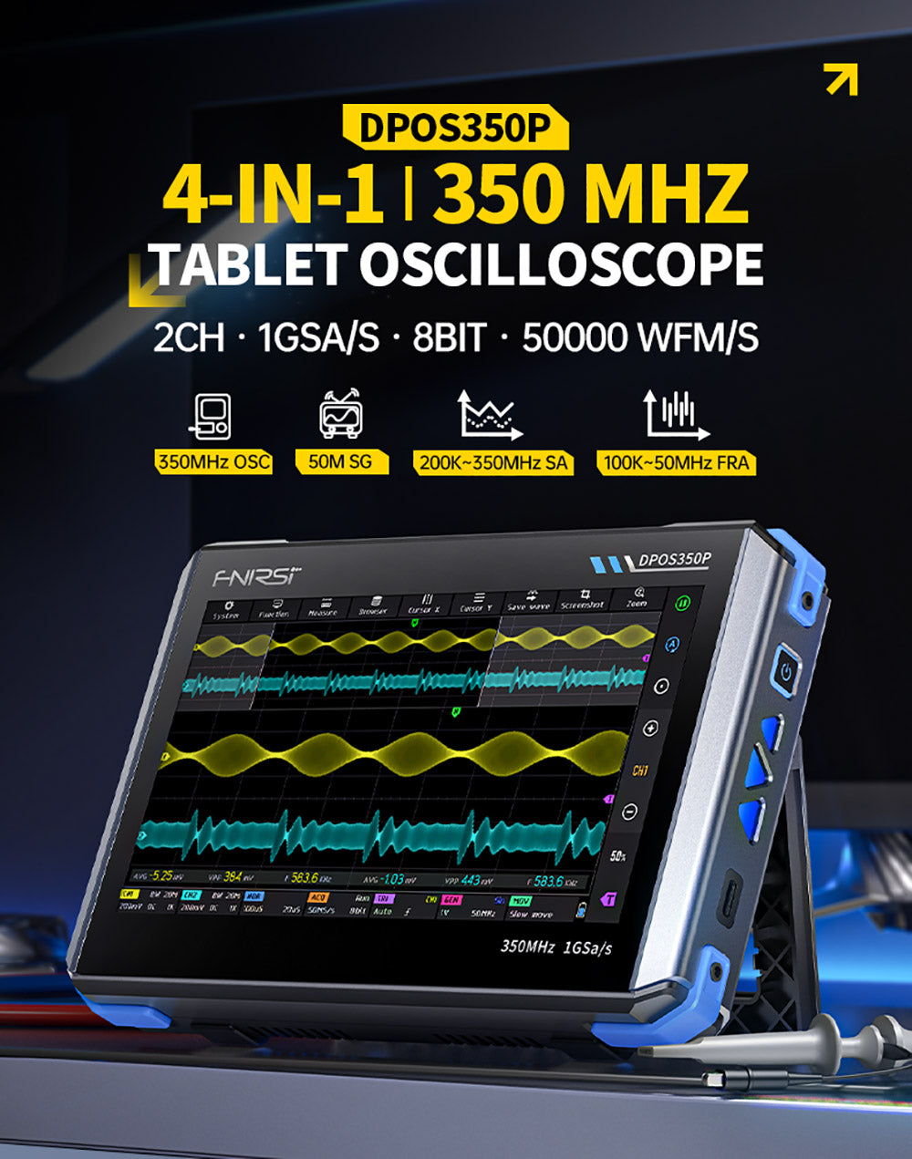 Osciloscopio de tableta FNIRSI DPOS350P 4 en 1, muestreo de 1 GSPS, generador de señales de 50 MHz, analizador de espectro, pantalla táctil de 7 pulgadas, carga rápida QC18W - Enchufe estadounidense