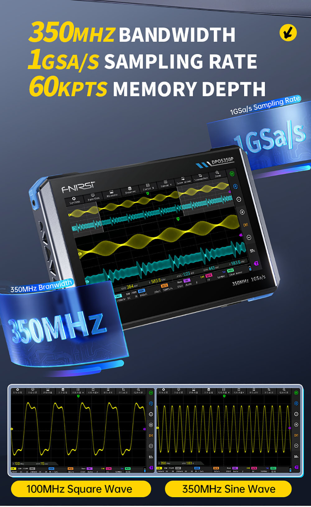 Osciloscopio de tableta FNIRSI DPOS350P 4 en 1, muestreo de 1 GSPS, generador de señales de 50 MHz, analizador de espectro, pantalla táctil de 7 pulgadas, carga rápida QC18W - Enchufe estadounidense