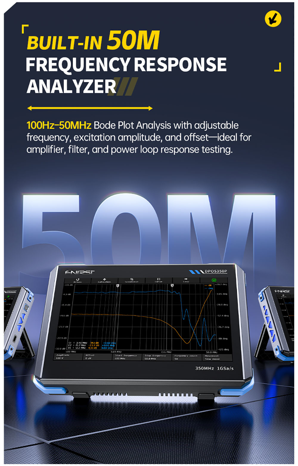 Osciloscopio de tableta FNIRSI DPOS350P 4 en 1, muestreo de 1 GSPS, generador de señales de 50 MHz, analizador de espectro, pantalla táctil de 7 pulgadas, carga rápida QC18W - Enchufe estadounidense