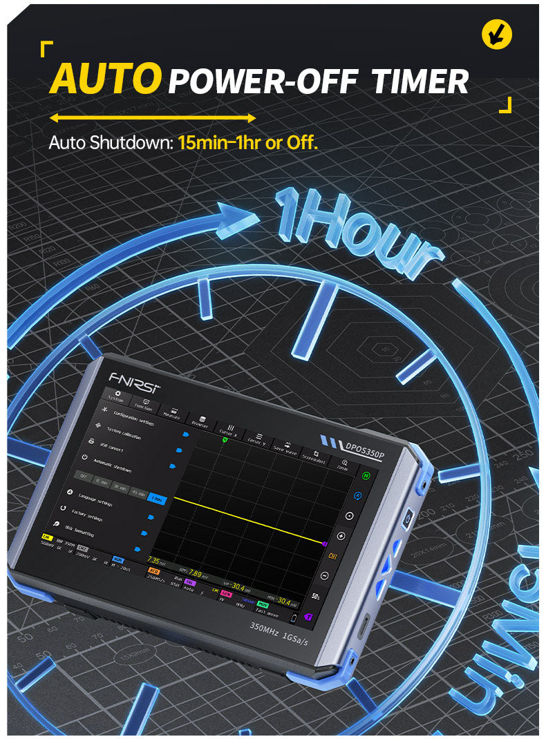 Osciloscopio de tableta FNIRSI DPOS350P 4 en 1, muestreo de 1 GSPS, generador de señales de 50 MHz, analizador de espectro, pantalla táctil de 7 pulgadas, carga rápida QC18W - Enchufe estadounidense