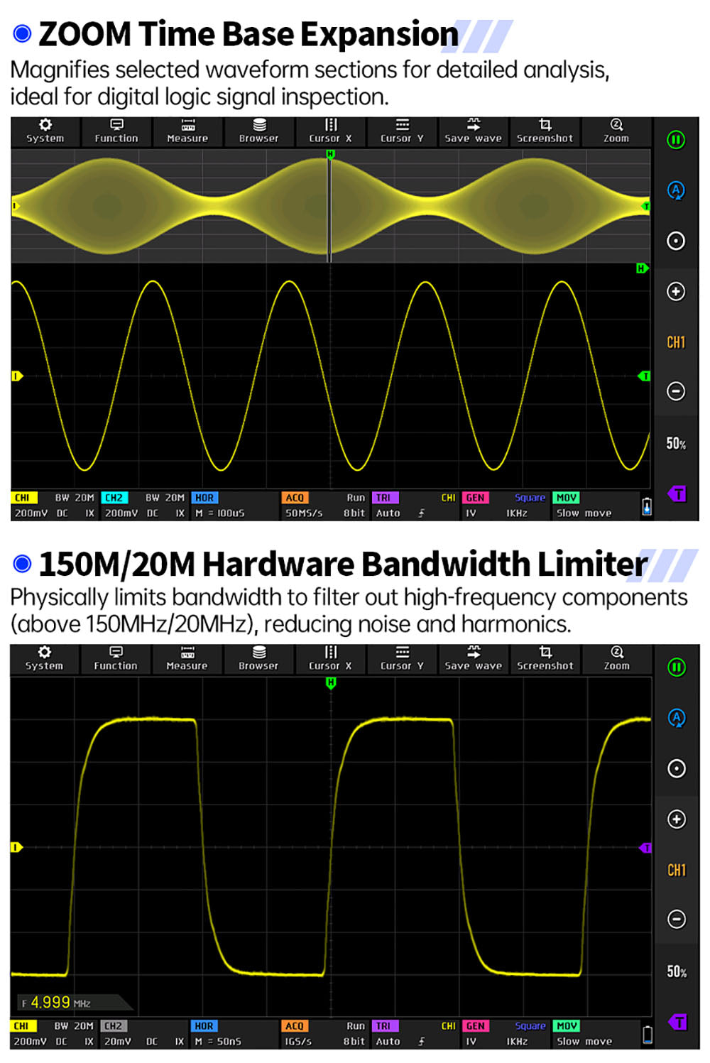 Osciloscopio de tableta FNIRSI DPOS350P 4 en 1, muestreo de 1 GSPS, generador de señales de 50 MHz, analizador de espectro, pantalla táctil de 7 pulgadas, carga rápida QC18W - Enchufe estadounidense