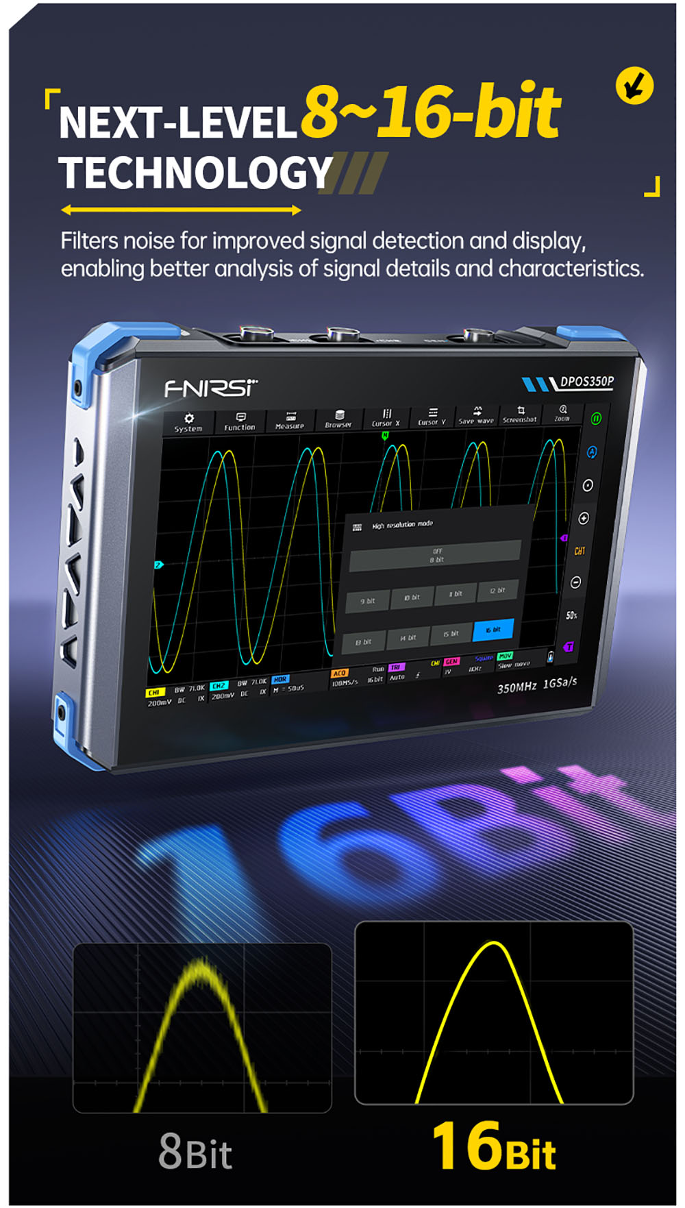 Osciloscopio de tableta FNIRSI DPOS350P 4 en 1, muestreo de 1 GSPS, generador de señales de 50 MHz, analizador de espectro, pantalla táctil de 7 pulgadas, carga rápida QC18W - Enchufe estadounidense