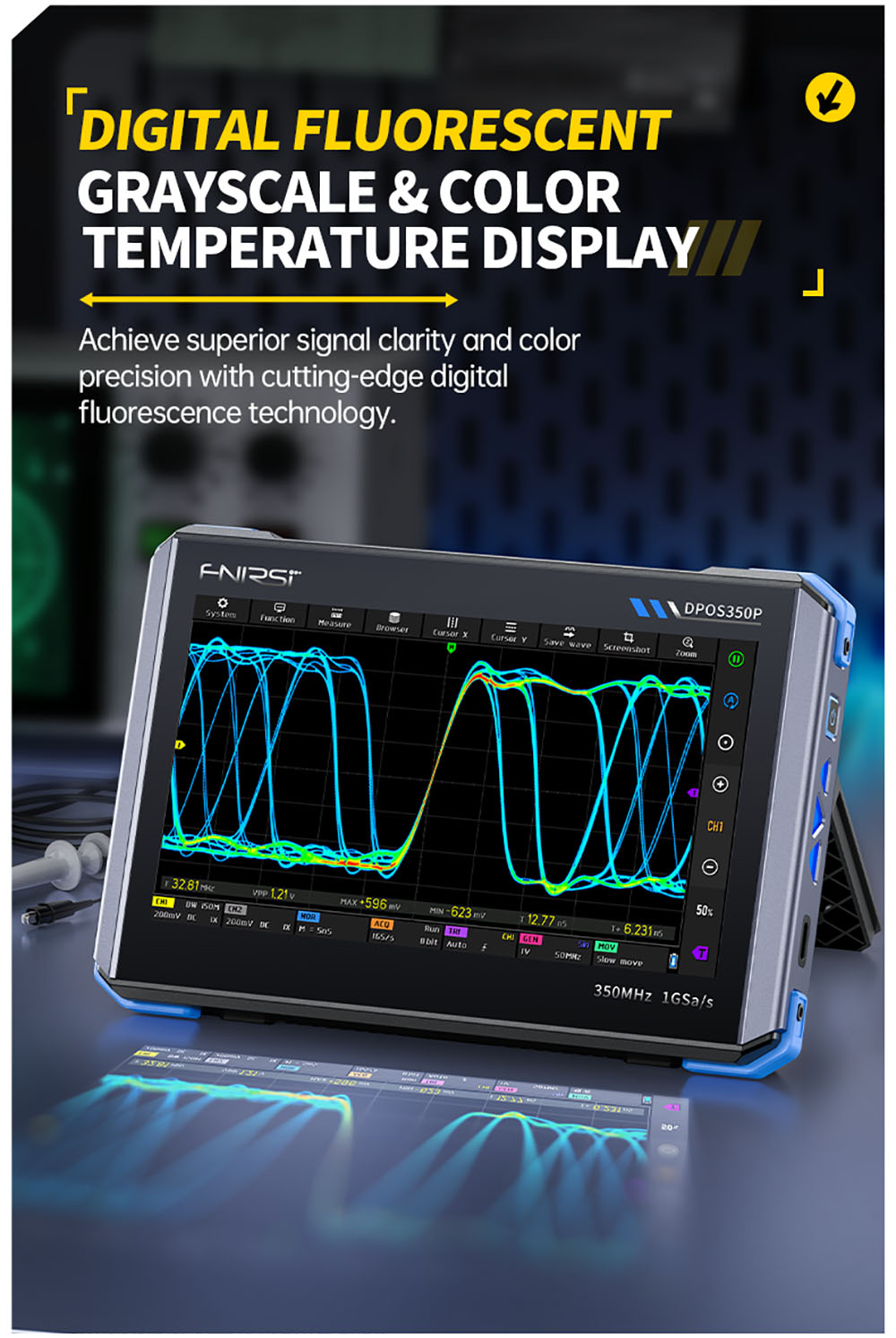 Osciloscopio de tableta FNIRSI DPOS350P 4 en 1, muestreo de 1 GSPS, generador de señales de 50 MHz, analizador de espectro, pantalla táctil de 7 pulgadas, carga rápida QC18W - Enchufe estadounidense