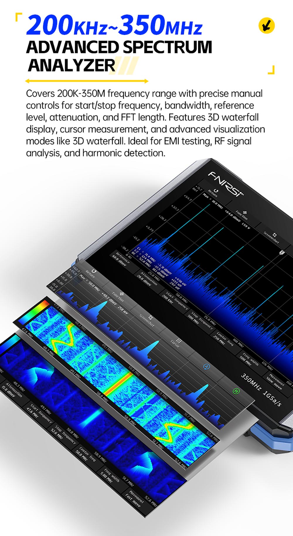 Osciloscopio de tableta FNIRSI DPOS350P 4 en 1, muestreo de 1 GSPS, generador de señales de 50 MHz, analizador de espectro, pantalla táctil de 7 pulgadas, carga rápida QC18W - Enchufe estadounidense