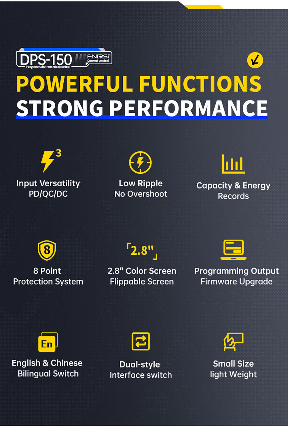 Fuente de alimentación CC variable FNIRSI DPS-150, 30 V 5 A ajustables, 150 W de potencia, pantalla IPS de 4 dígitos, diseño abatible de 90 grados, ondulación de potencia <20 mV, entrada PD/QC/CC, conmutación programable por PC.