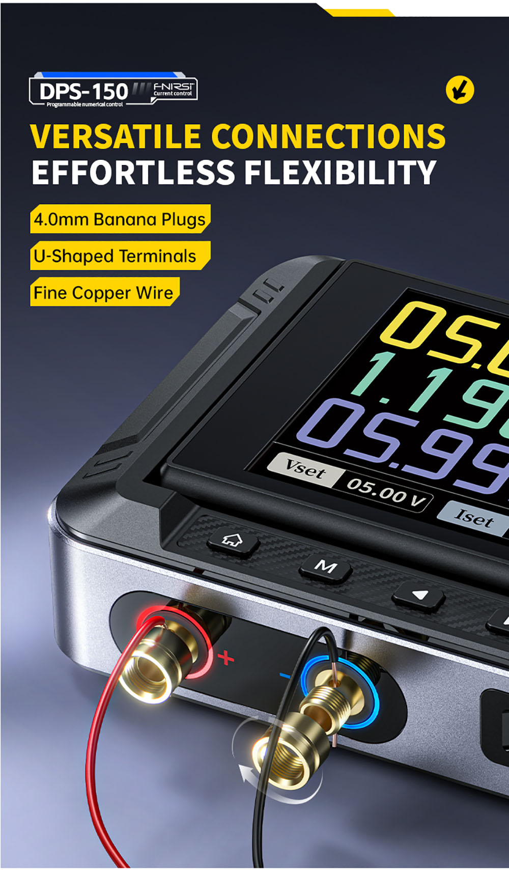 Fuente de alimentación CC variable FNIRSI DPS-150, 30 V 5 A ajustables, 150 W de potencia, pantalla IPS de 4 dígitos, diseño abatible de 90 grados, ondulación de potencia <20 mV, entrada PD/QC/CC, conmutación programable por PC.