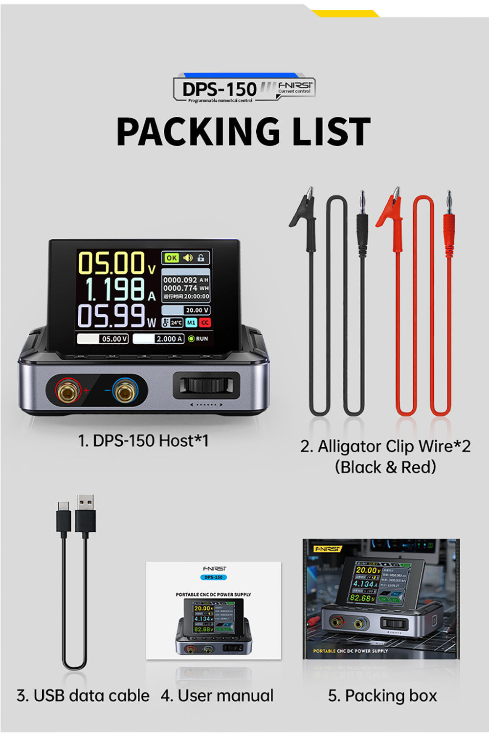 Fuente de alimentación CC variable FNIRSI DPS-150, 30 V 5 A ajustables, 150 W de potencia, pantalla IPS de 4 dígitos, diseño abatible de 90 grados, ondulación de potencia <20 mV, entrada PD/QC/CC, conmutación programable por PC.